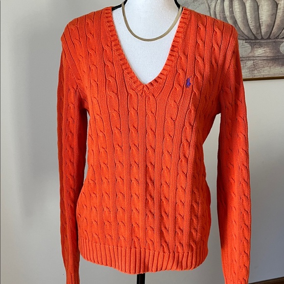 Ralph Lauren Sport Classic Cable-Knit Cotton V-Neck Sweater L Orange/Purple Pony - Picture 1 of 9